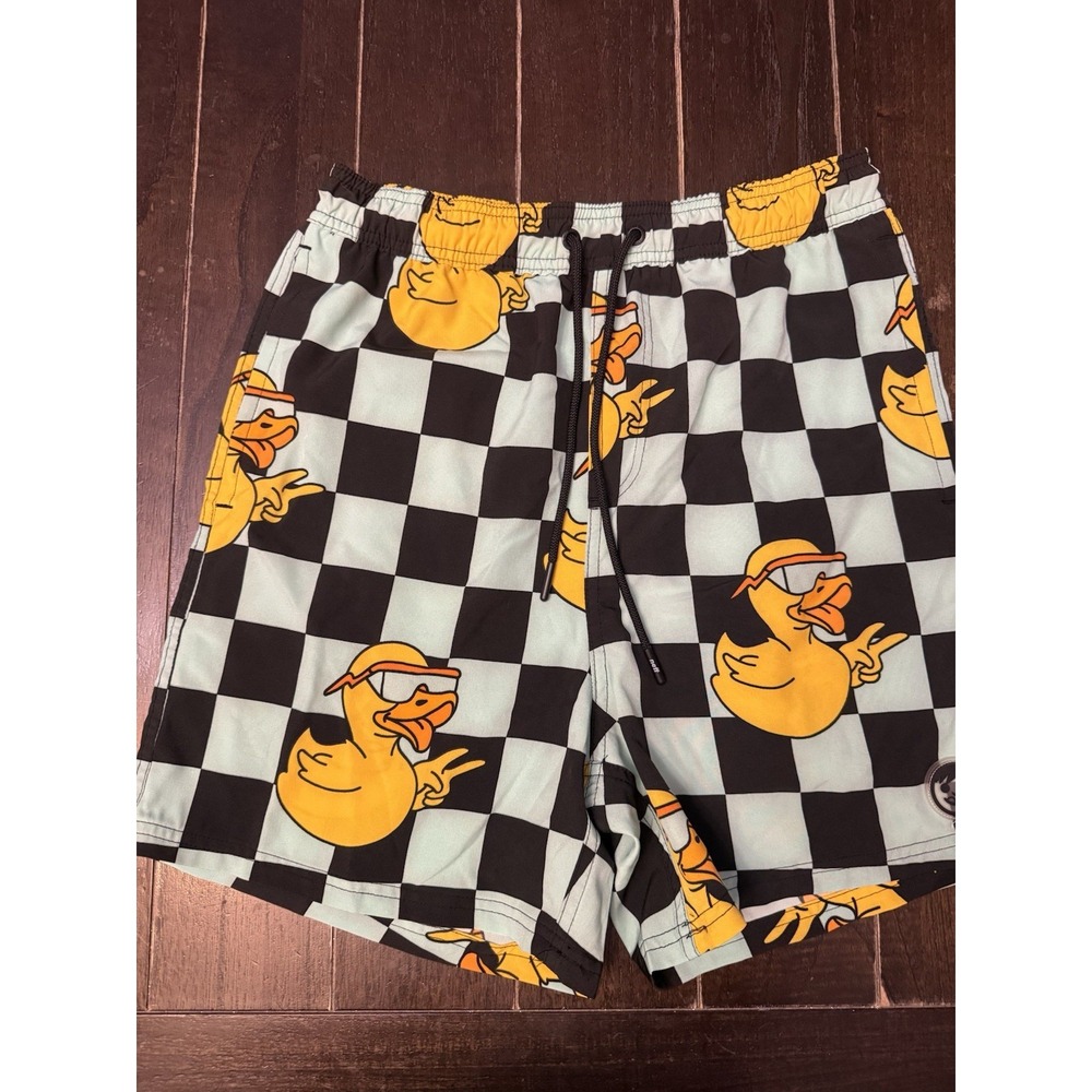 Neff Swim Trunks Mens L Black Green Rubber Duck Checkerboard Board Shorts Beach